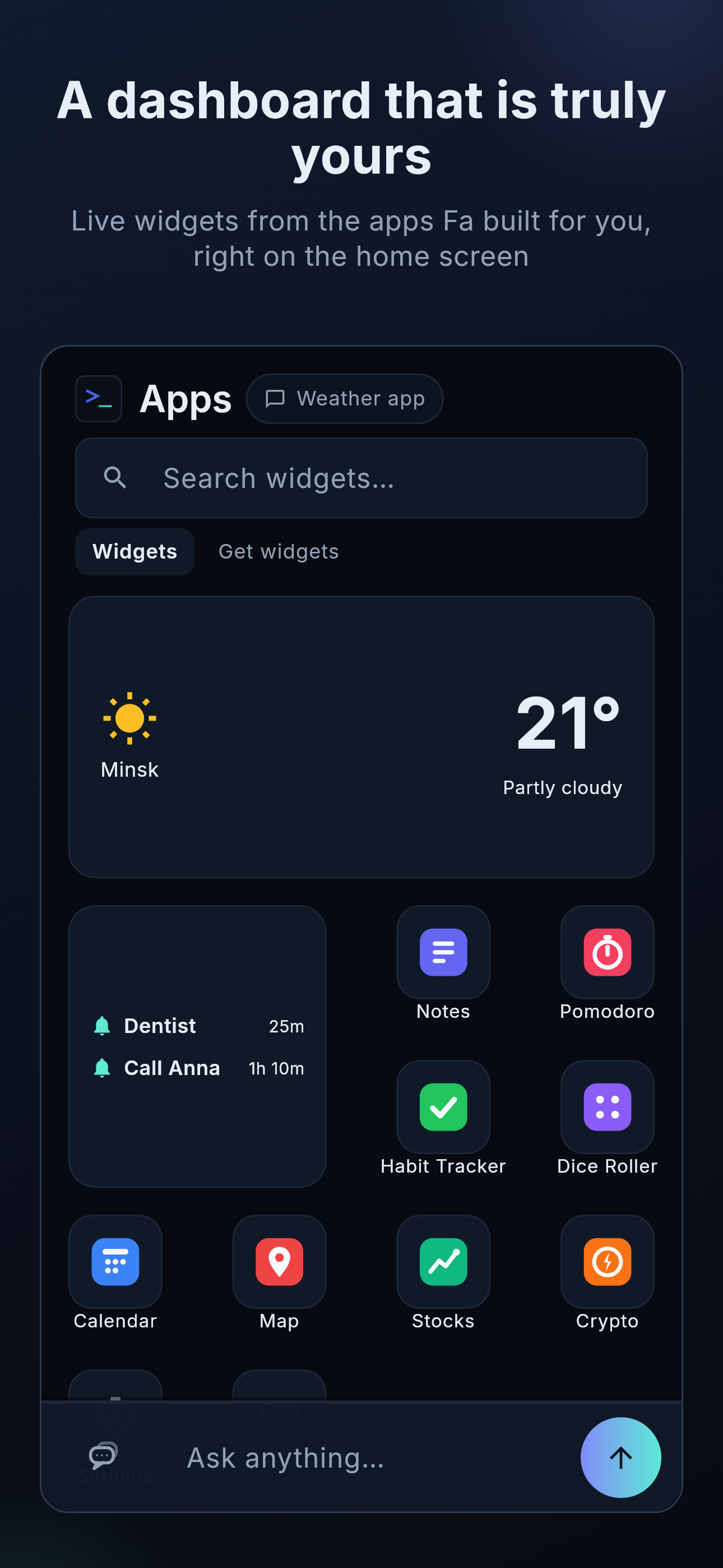 Apps frame: the launcher home grid with a live weather widget tile and the mini session-chat bar