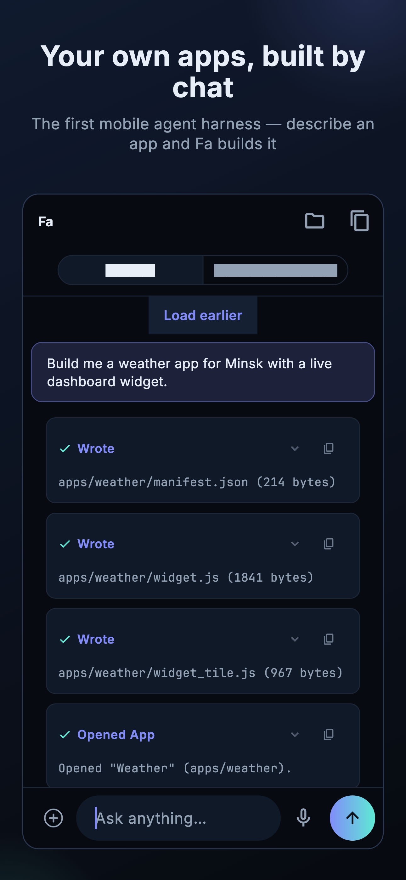 Chat frame: the user asks Fa to build a personal weather app with a dashboard widget; tool-call tiles build it and open it
