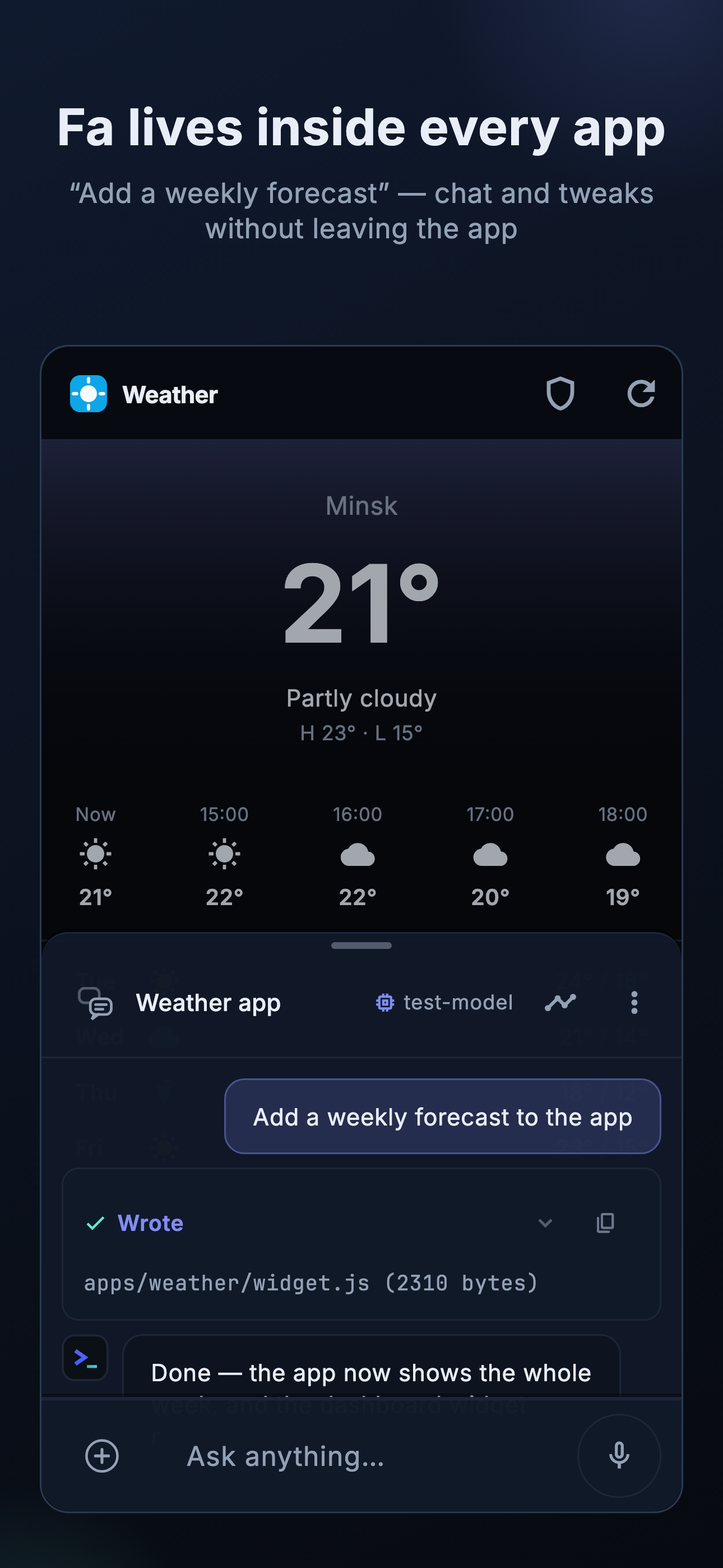In-app frame: the weather app open with the Fa session chat sheet pulled up over it