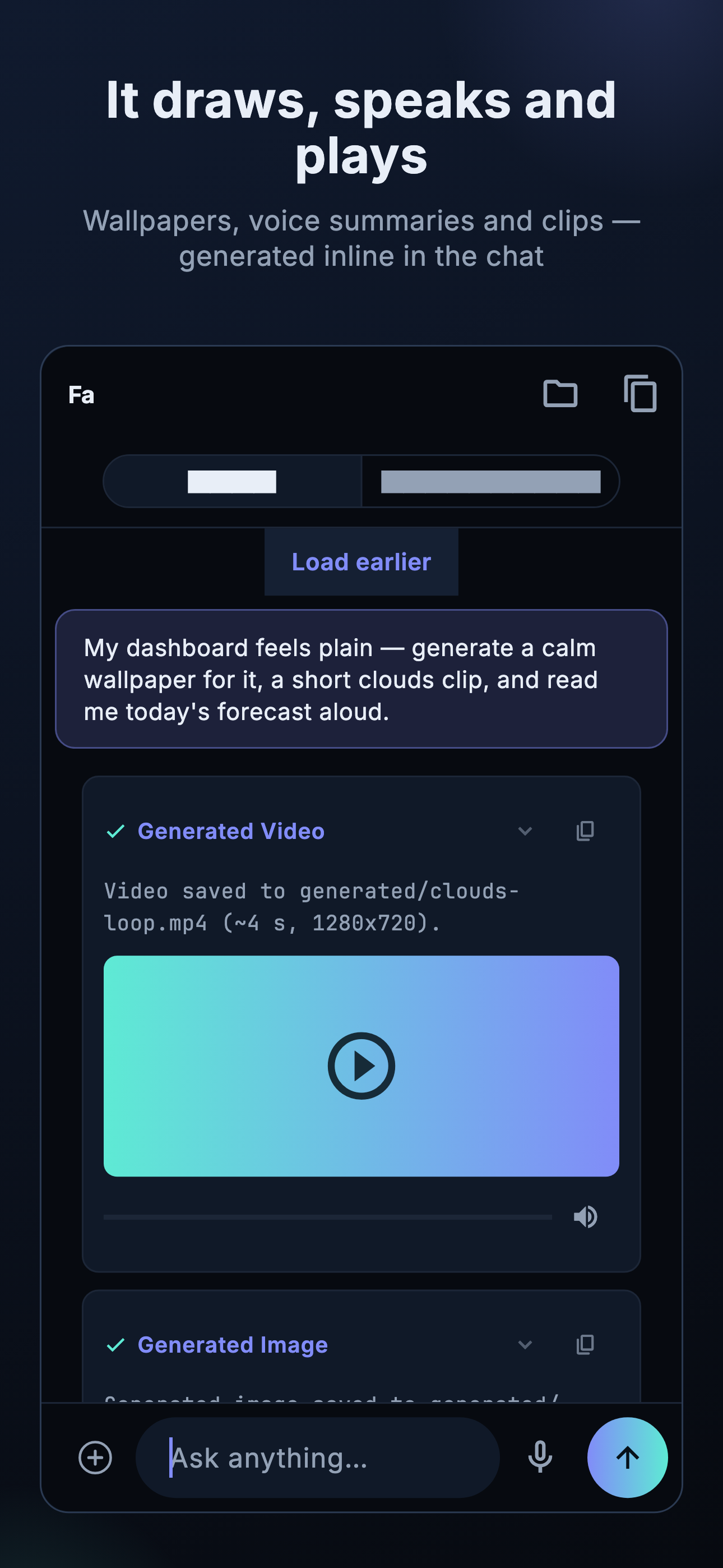 Media frame: an inline generated wallpaper, a video clip tile and a voice-summary player in chat